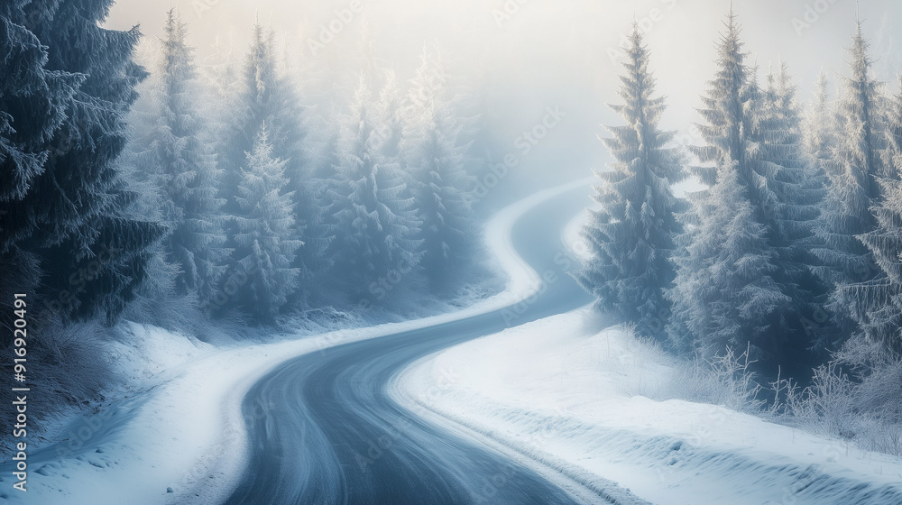 Misty winter forest full of spruce trees, with a winding road, in retro and hipster style. Evergreen trees covered in snow and a delicate fog create a beautiful, melancholic landscape. Misty winter forest full of spruce trees, with a winding road, in retro and hipster style. Evergreen trees covered in snow and a delicate fog create a beautiful, melancholic landscape.