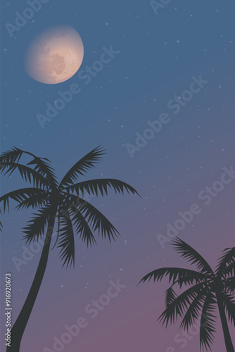 Silhouetted coconut palm trees with half moon and twilight sky vertical background graphic illustration have blank space.