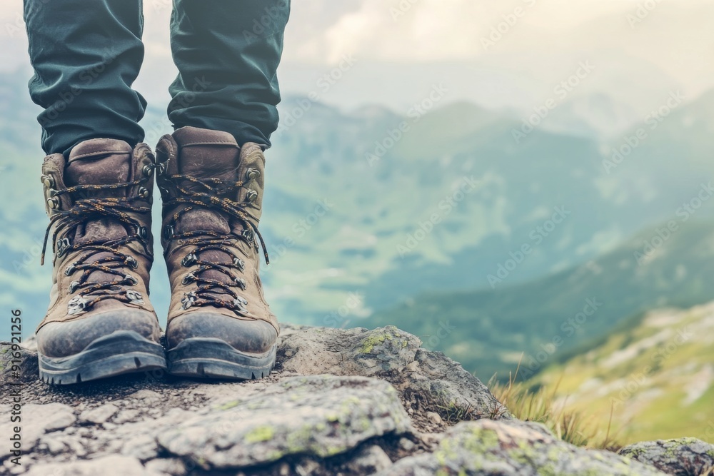 Up-Close Shot of a Hiker's Boots on a Rocky Trail with a Breathtaking Mountain Landscape, Capturing the Essence of Adventure and Exploration in Nature. Up-Close Shot of a Hiker's Boots on a Rocky Trail with a Breathtaking Mountain Landscape, Capturing the Essence of Adventure and Exploration in Nature.
