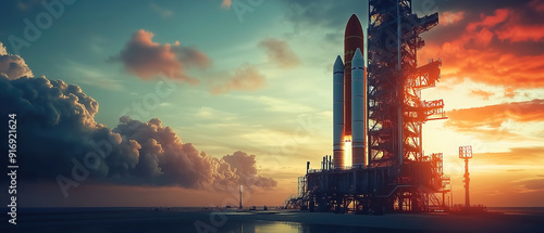 space rocket on launch pad, panoramic shot of the sky and the setting sun in the background.