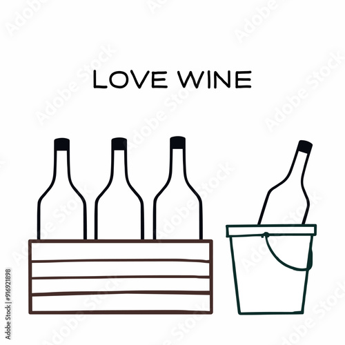 Bottles of wine in a crate and bucket, illustrating love for wine
