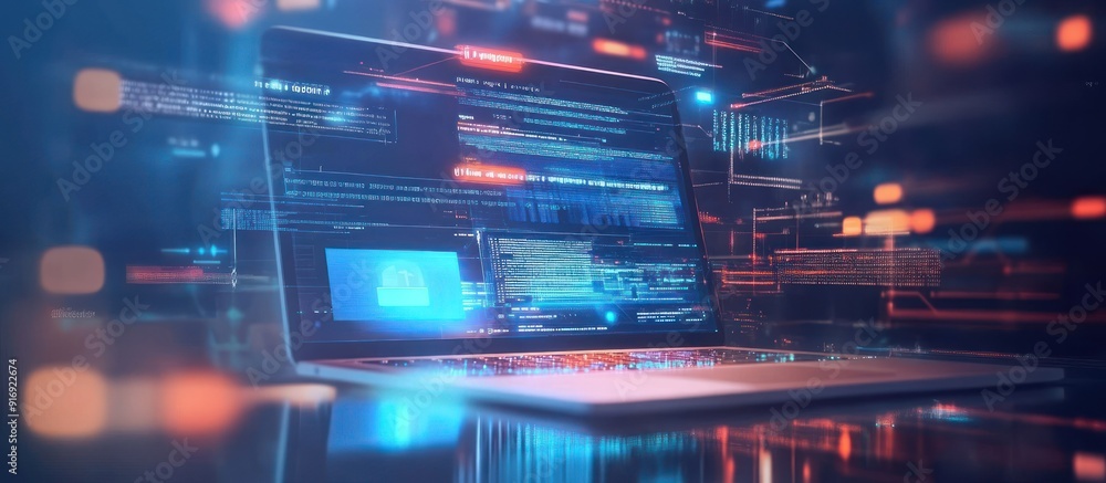 Laptop with code and city lights reflecting on screen Laptop with code and city lights reflecting on screen