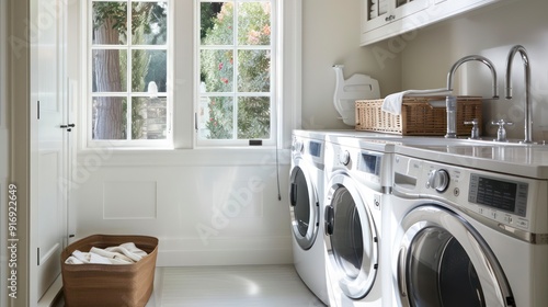 Wallpaper Mural washing machine and dryer appliances in a modern house laundry room Torontodigital.ca