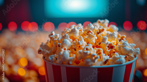 Popcorn in a cinema bucket on a blurred background with theater lights