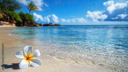 A beautiful tropical beach with a white flower in the foreground, clear blue waters, and a warm, sunny atmosphere