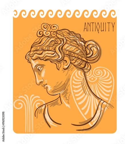 Antique greek sculpture with elements of ancient greek ornament. Hand drawn Vector illustration for card, poster or printing on fabric