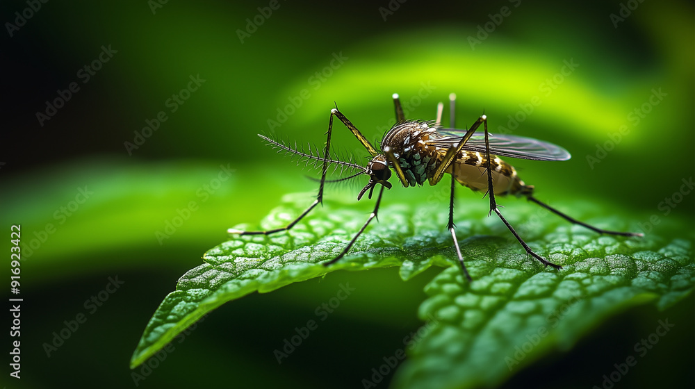 Close-up photo of a mosquito on a green leaf Close-up photo of a mosquito on a green leaf