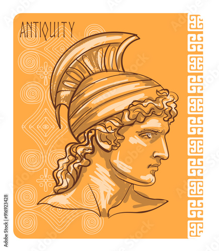 Antique greek sculpture with elements of ancient greek ornament. Hand drawn Vector illustration for card, poster or printing on fabric