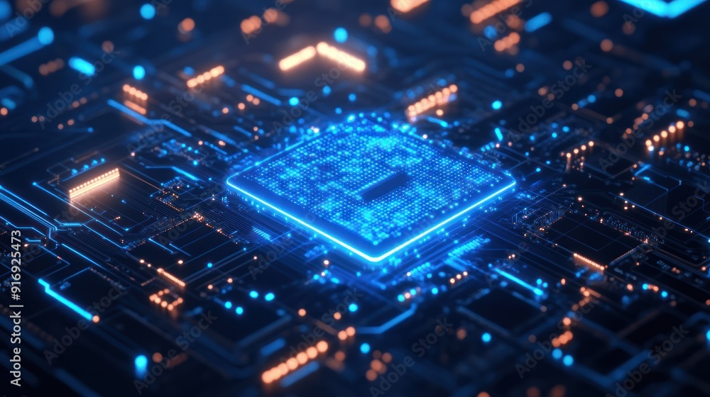 Glowing Processor Chip on a Circuit Board Glowing Processor Chip on a Circuit Board