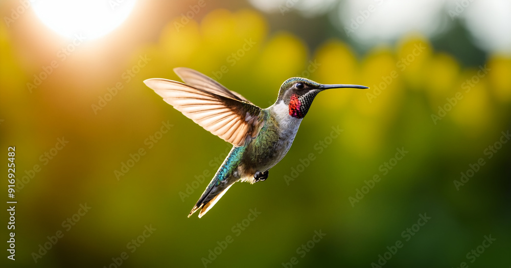 Fototapeta premium The Graceful Flight of a Hummingbird amidst Vibrant Flowers.