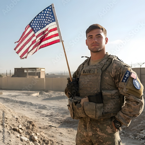 American Soldier Standing Proudly with U.S. Flag in Background