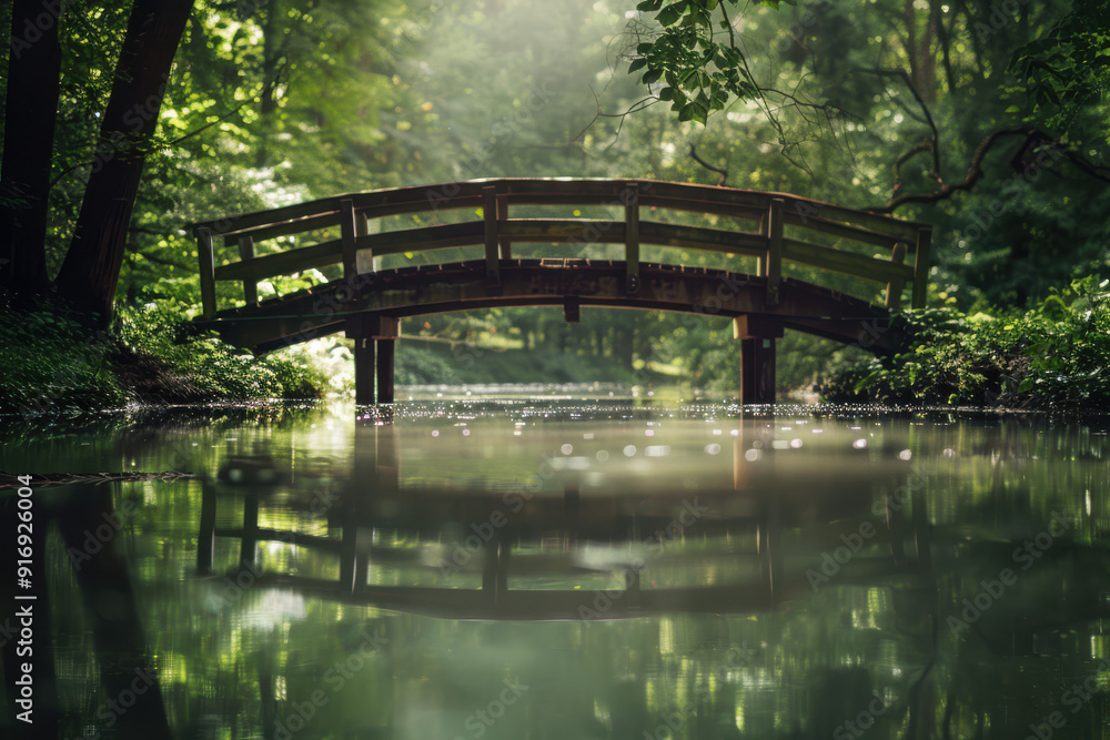 horizontal image of a small wooden bridge crossing a river in a forest, lights and reflections horizontal image of a small wooden bridge crossing a river in a forest, lights and reflections