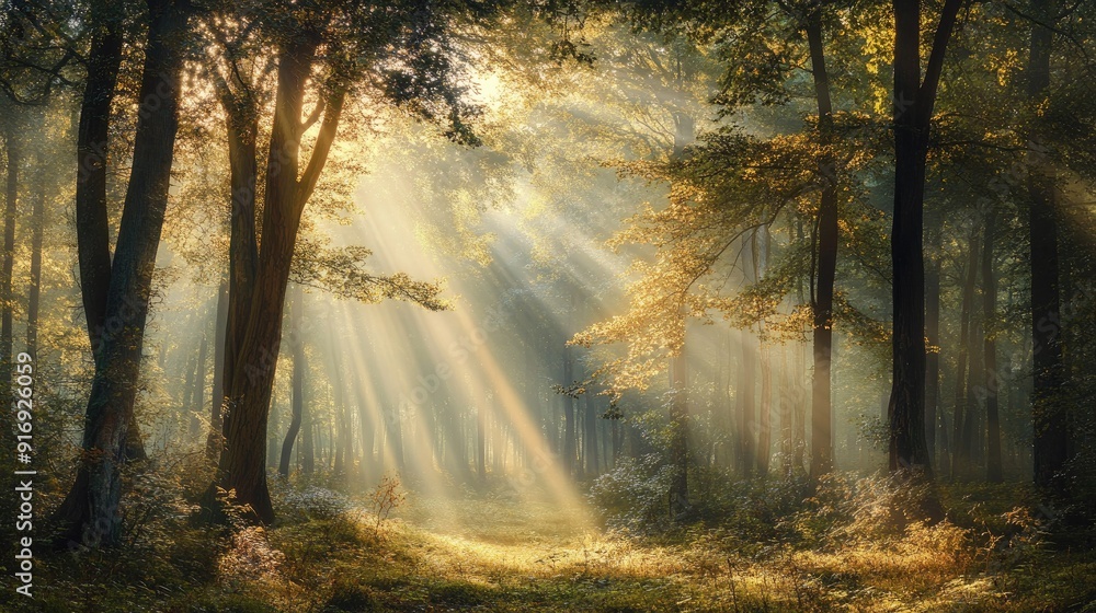 A dense forest panorama bathed in golden sunbeams filtering through the trees, creating a serene, mystical atmosphere A dense forest panorama bathed in golden sunbeams filtering through the trees, creating a serene, mystical atmosphere
