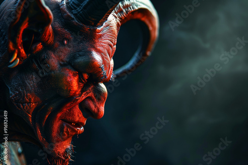 Devil Demon Face, Infernal Creature, Satanic Image, Halloween Monster, Scary Profile, Dark Fantasy, Fearful Expression photo