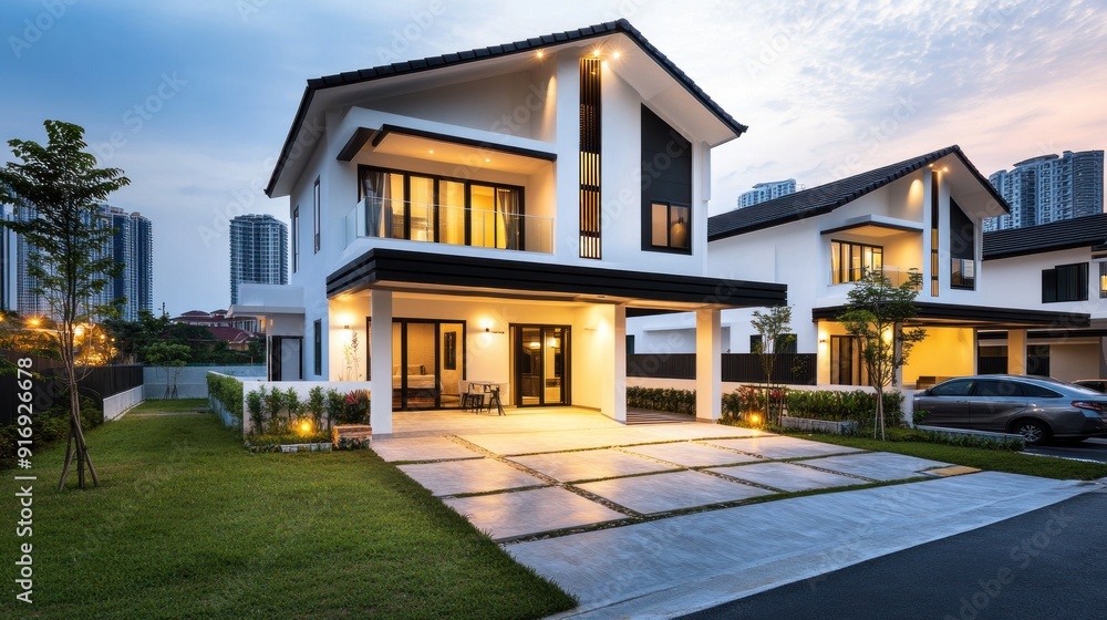 Modern Two-Story House with a Lush Lawn Modern Two-Story House with a Lush Lawn