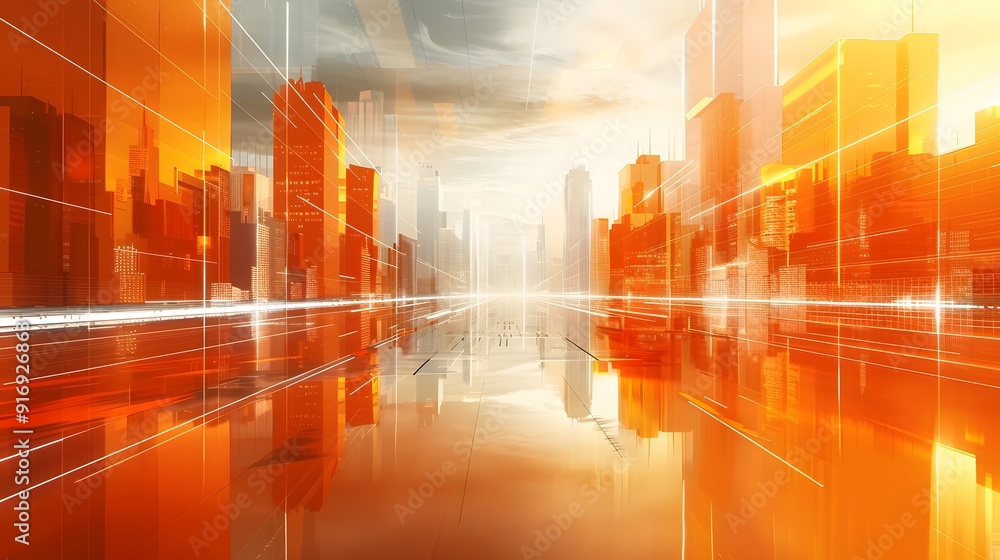 Futuristic Urban Life Concept with Orange Gradient Cityscape, Glass Buildings, and Straight Road to Skyscrapers, Symbolizing Progress and Innovation Futuristic Urban Life Concept with Orange Gradient Cityscape, Glass Buildings, and Straight Road to Skyscrapers, Symbolizing Progress and Innovation