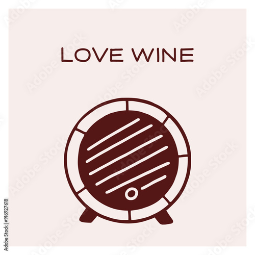 A wooden barrel with a love wine slogan against a pink background