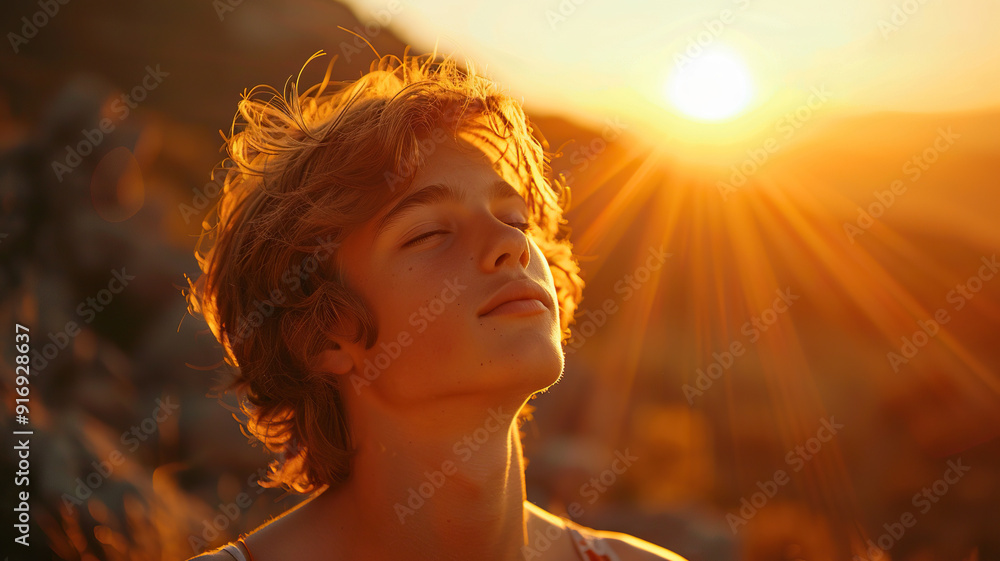 Fototapeta premium Backlit portrait of calm kind face of a young man against the backdrop of low mountains and sunlight. The concept of mental health.