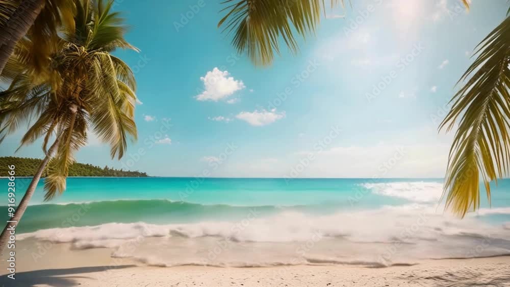 A tranquil view of a pristine beach with palm trees , turquoise water lapping at the shore, and the sun shining brightly. A tranquil view of a pristine beach with palm trees , turquoise water lapping at the shore, and the sun shining brightly.