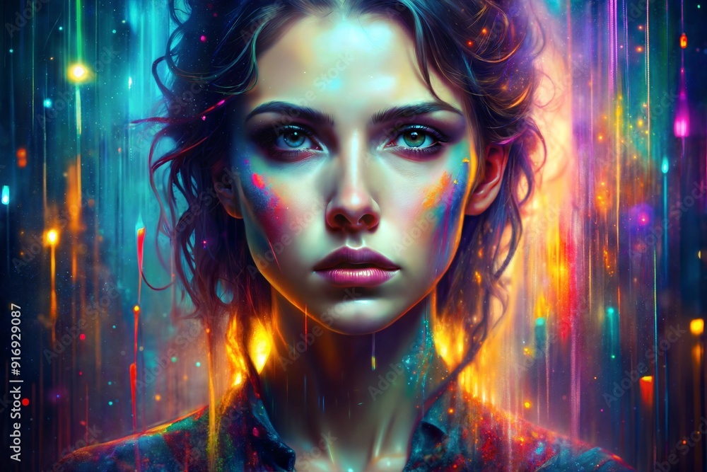 Studio portrait of a girl with paint, highlights on her face, against a background of rainbow highlights, reflections, close-up, art Studio portrait of a girl with paint, highlights on her face, against a background of rainbow highlights, reflections, close-up, art