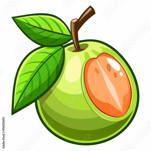 Green Guava Fruit with Bite Taken Out and Leaves