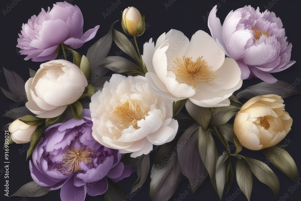 Large pink and purple peonies in shades of white, purple, and cream against a dark background, highlighting their delicate petals and lush foliage. Large pink and purple peonies in shades of white, purple, and cream against a dark background, highlighting their delicate petals and lush foliage.