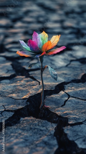 Indomitable Spirit: A Spectrum of Colorful Flowers Blooming from Cracked Soil, Embodiment of Resilient Will Concept Art. photo