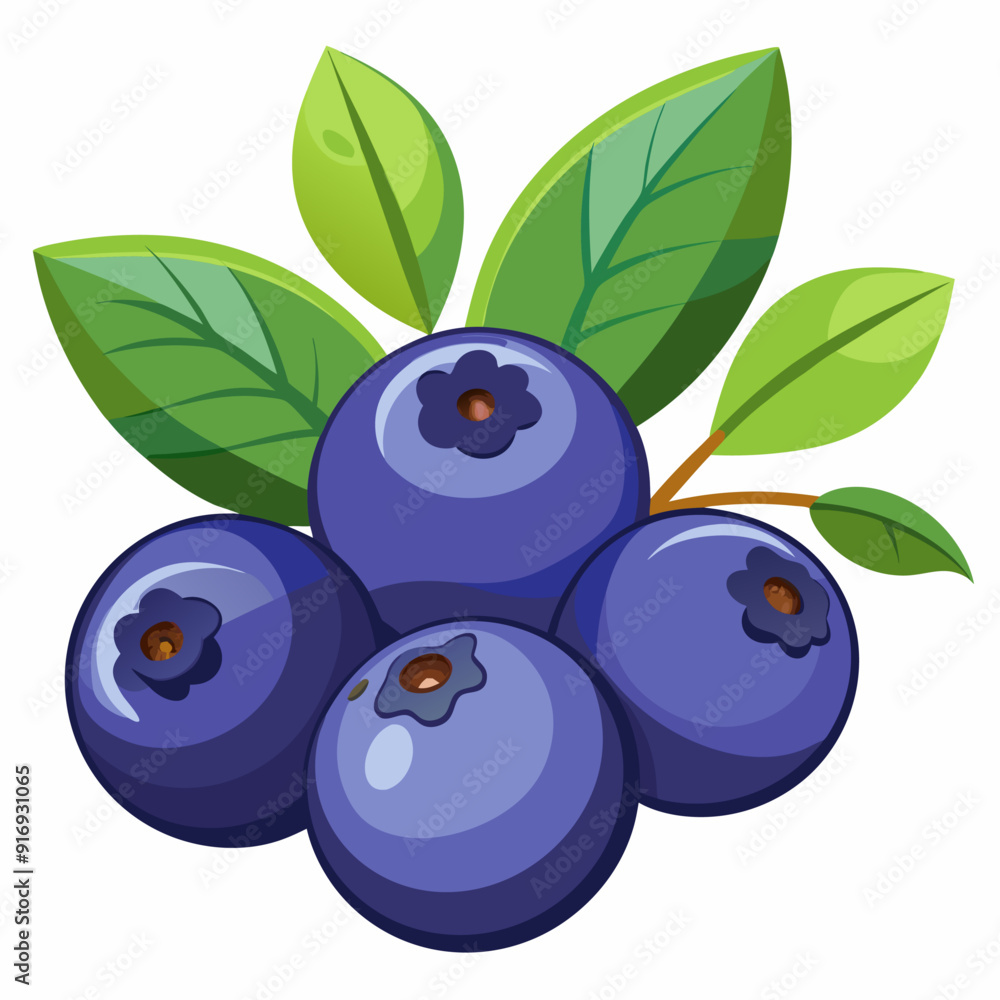 A cluster of four blueberries with green leaves A cluster of four blueberries with green leaves