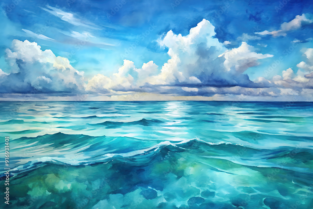 Fototapeta premium Vibrant seascape with crystal clear blue waters and fluffy white clouds under a bright sunny sky, painting a serene and tranquil scene.