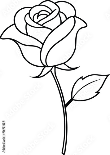 Decorative rose with leaves. Rose flower silhouette.