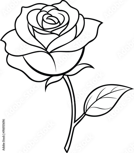 Decorative rose with leaves. Rose flower silhouette.