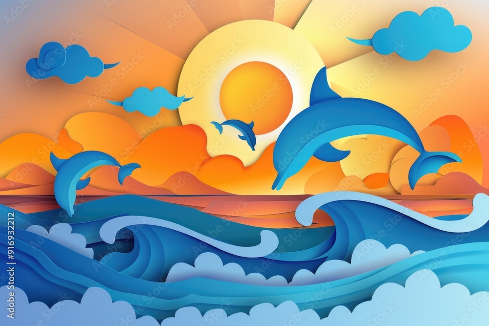 Fototapeta premium Paper-cut style illustration featuring dolphins jumping over waves at sunset, with colorful clouds and a large sun, capturing a joyful and dynamic scene. ai