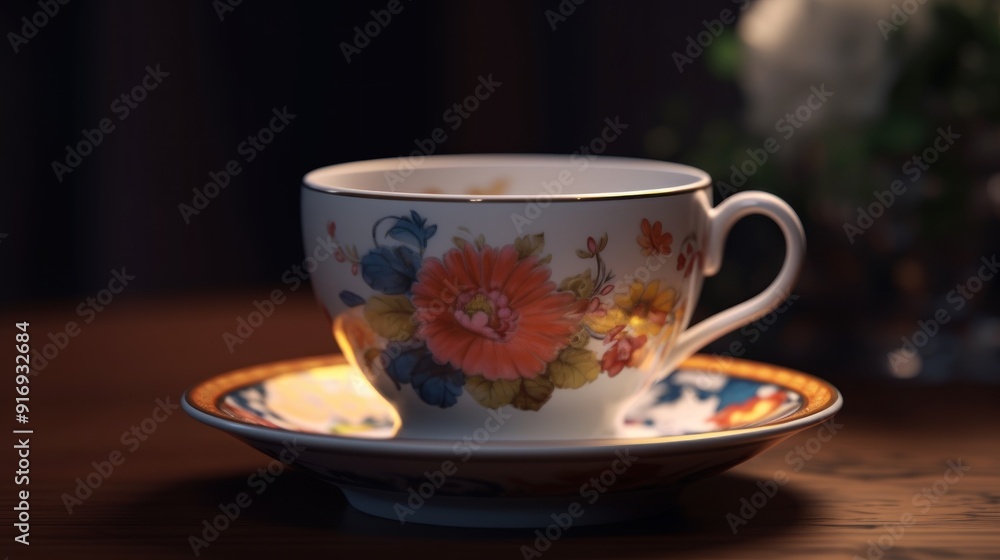 Fototapeta premium Floral Teacup on a Wooden Table