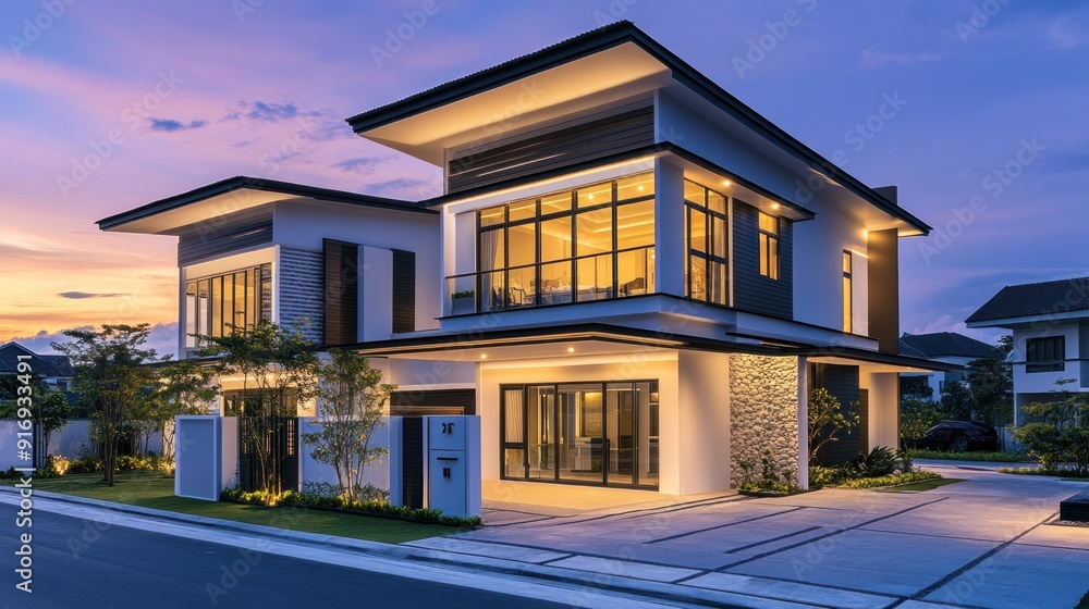 Modern Two-Story Home with Twilight Sky Modern Two-Story Home with Twilight Sky