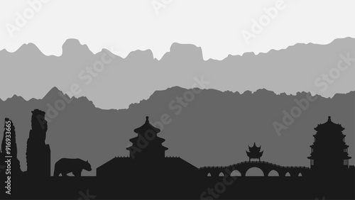 China. Landscape with mountains, silhouettes of Chinese architecture, top attractions and sights. Temple of Heaven, Summer Palace, panda, avatar mountain. Morning twilight. Vector background. Banner 