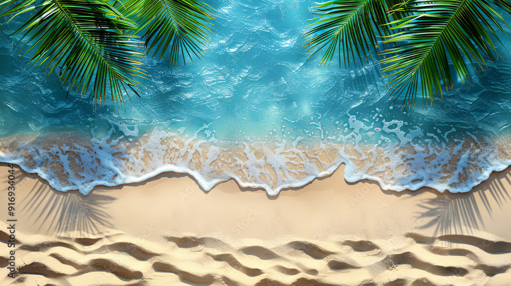 A beach scene with palm trees and a blue ocean A beach scene with palm trees and a blue ocean