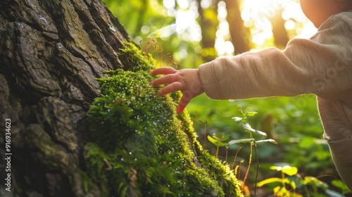 An artistic shot of a small childa??s hand touching soft, dewy moss on a giant tree trunk during a sunny morning in a serene woodland. photo