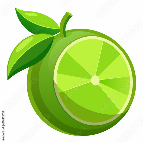 Green Lime with a Sliced Segment and Two Leaves