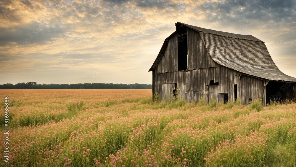 A rustic barn in an open field. A rustic barn in an open field.