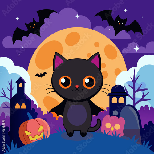 Happy Halloween square banner background with a violet fog cloud and a Cute black cat.