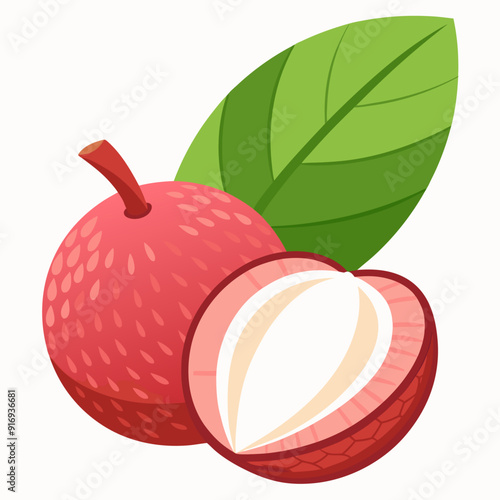 Whole and Half Lychee Fruit with Green Leaf