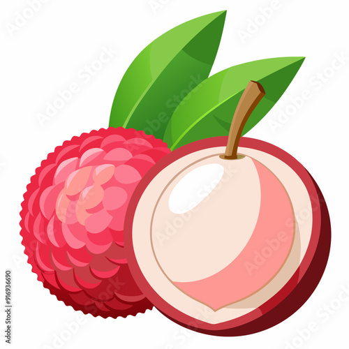 A Whole and Halved Lychee Fruit with Green Leaves