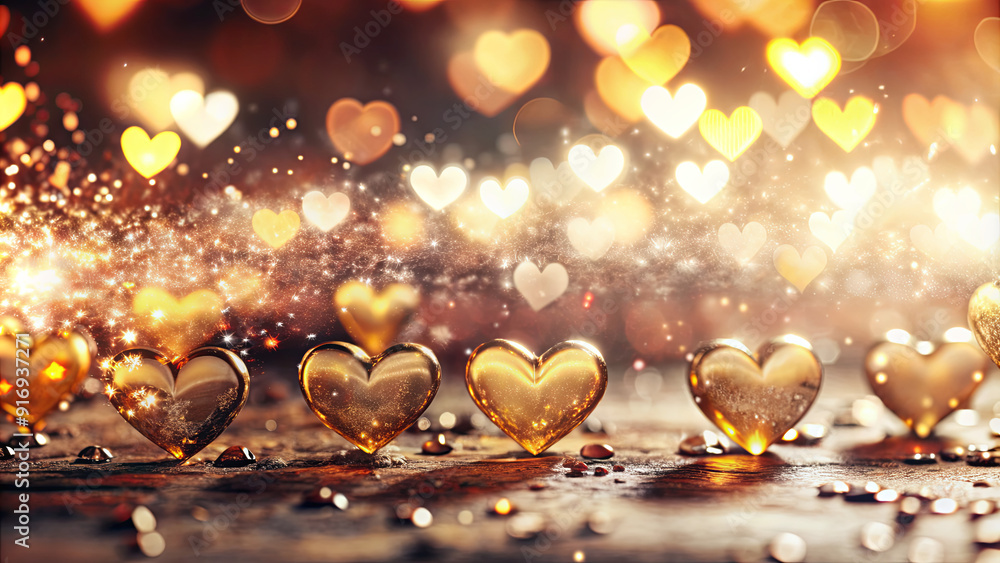 Sparkling golden hearts rest on a surface, illuminated by warm glowing lights in a romantic setting Sparkling golden hearts rest on a surface, illuminated by warm glowing lights in a romantic setting