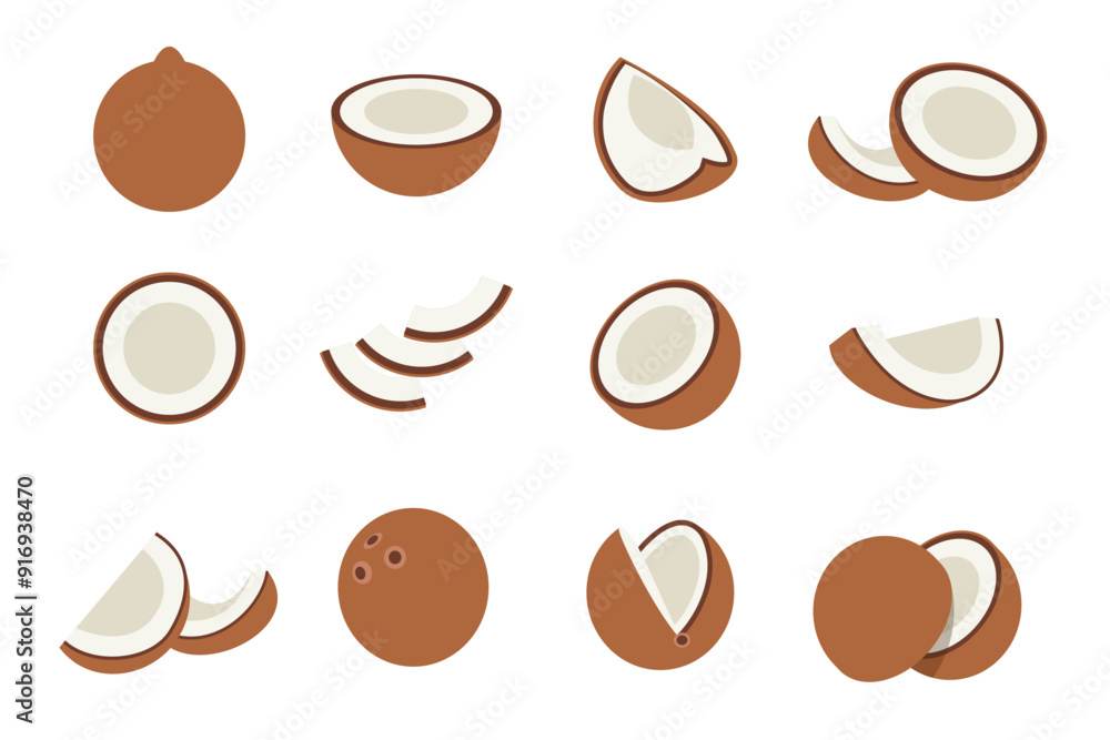 Set of brown coconut, Farm fresh coconut product emblem for grocery shop, Slides, long and cross sections, and different positions, simple flat vector illustration of vegetables and fruits. Set of brown coconut, Farm fresh coconut product emblem for grocery shop, Slides, long and cross sections, and different positions, simple flat vector illustration of vegetables and fruits.