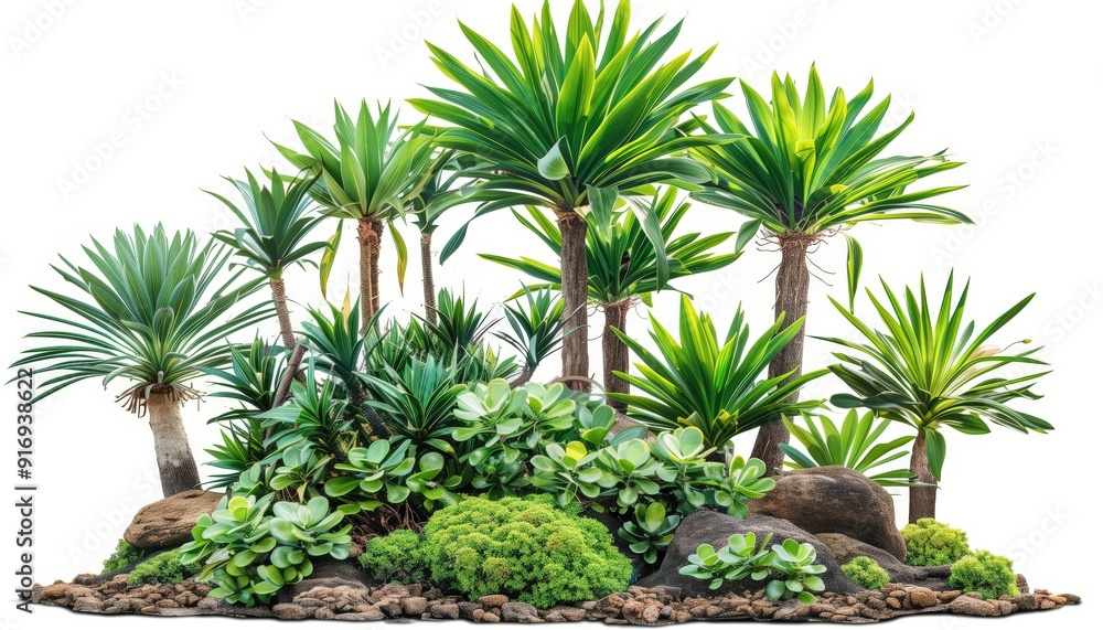 A lush arrangement of tropical plants and rocks, creating a vibrant natural scene. A lush arrangement of tropical plants and rocks, creating a vibrant natural scene.