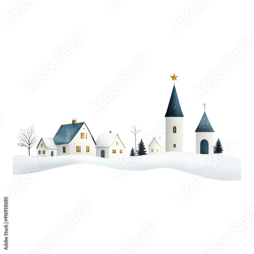 Christmas village with snow-covered rooftops, watercolor illustration