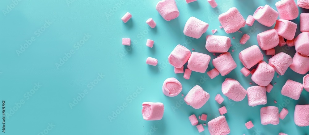 Pink marshmallows artistically arranged on a blue paper background in a top view flat lay with copy space image. Pink marshmallows artistically arranged on a blue paper background in a top view flat lay with copy space image.