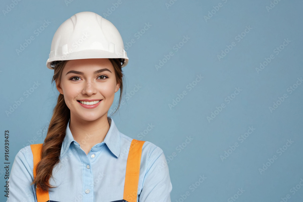 Young woman in construction helmet and uniform on blue background, with space for text, concept of woman working in male profession Young woman in construction helmet and uniform on blue background, with space for text, concept of woman working in male profession
