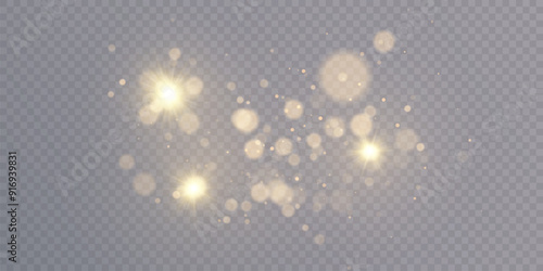 Glowing golden dust bokeh with reflections. Christmas glowing bokeh and glitter overlay texture for your design on transparent background. Golden particles abstract vector background PNG.