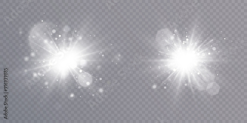 Set of bright lens flares. Transparent shining sun, bright flash. Vector sparkles of light on transparent background